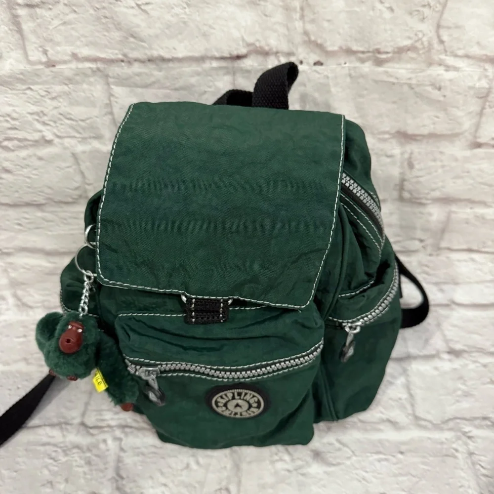 VINTAGE KIPLING MINI NYLON BACKPACK rare forest green with monkey attached - Picture 4 of 8
